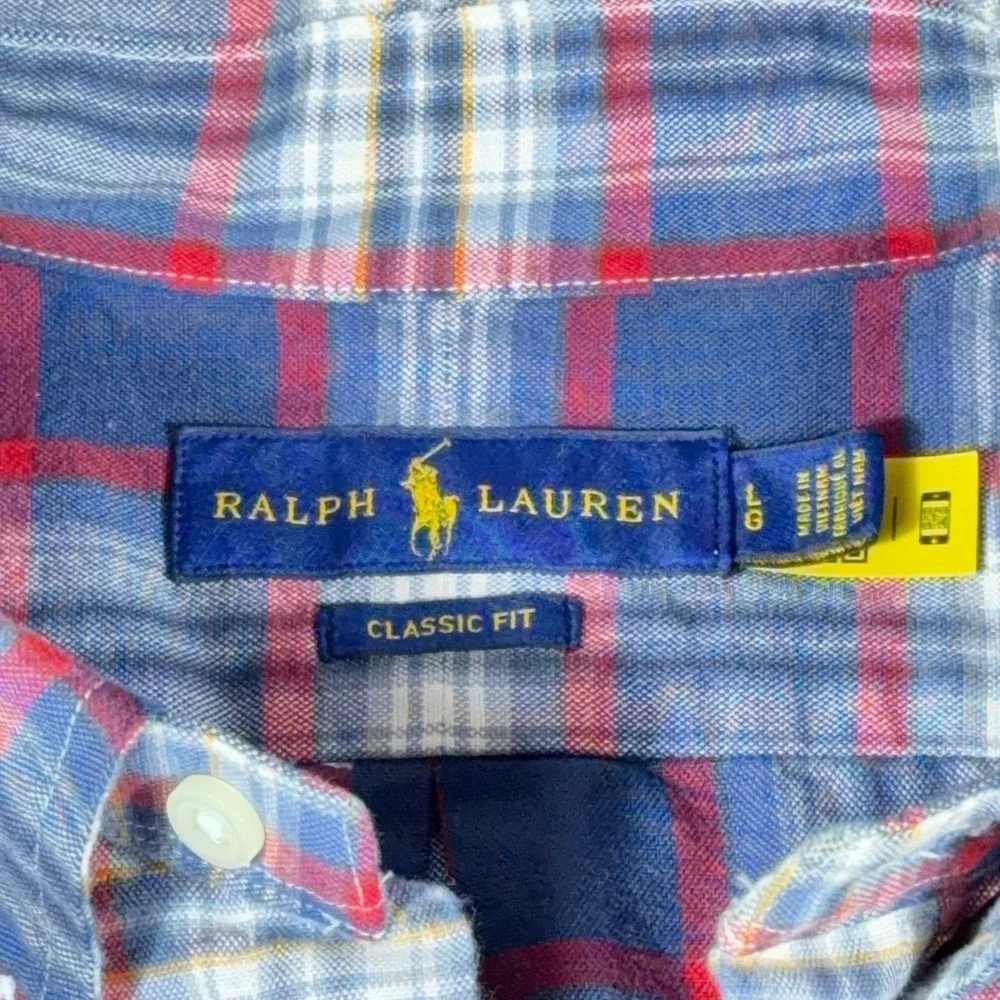Polo Ralph Lauren Mens Plaid Button Down Shirt Red White Blue Cotton Large